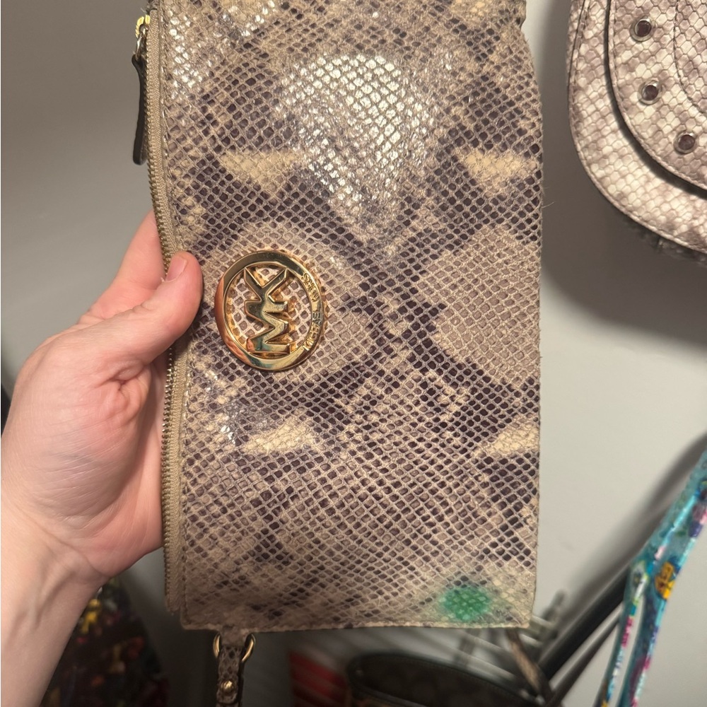 MICHAEL Michael Kors Snakeskin Print Clutch with Gold Accents